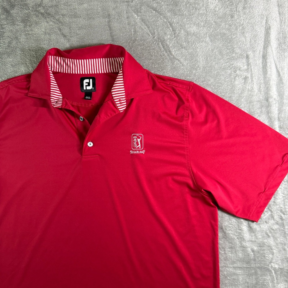 FootJoy Golf Polo Shirt Mens Large Red TPC Sugarloaf Striped Collar